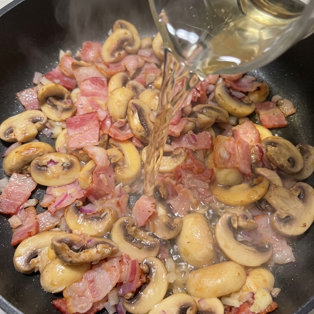 Clear white wine being poured from a glass measuring cup into a pan of sizzling bacon, mushrooms, and aromatics.