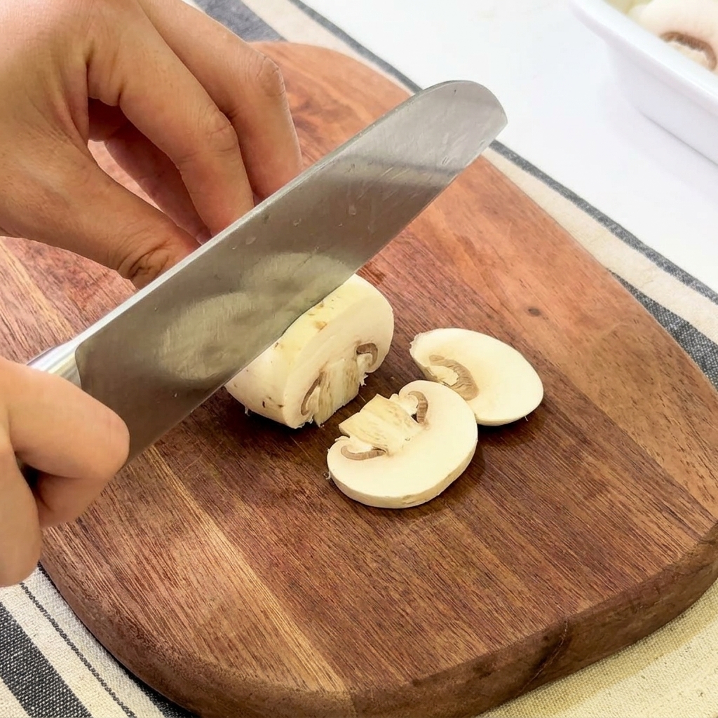 Hands using a chefs knife to slice white button mushrooms on a wooden board.