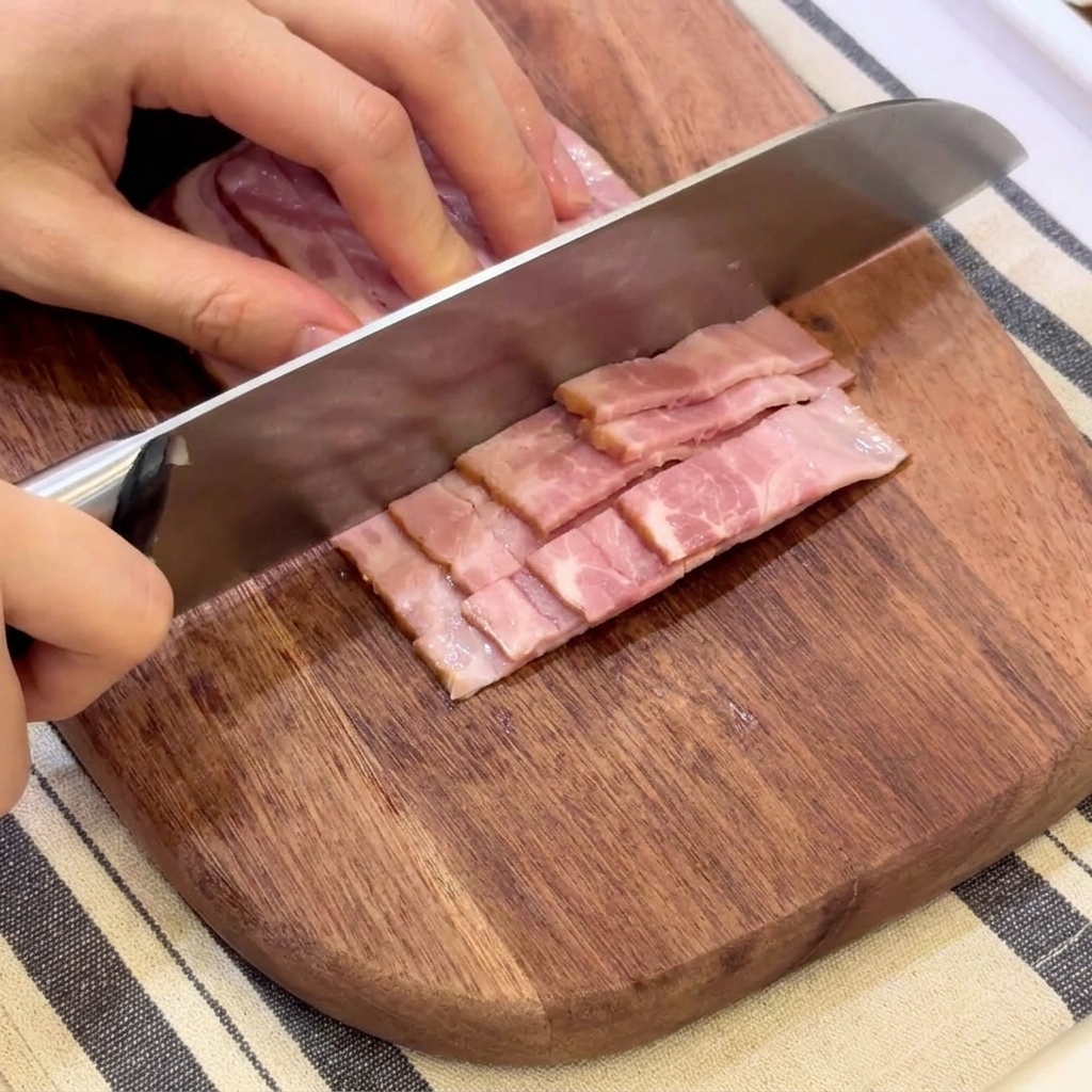 A sharp knife slicing stacked raw bacon strips into smaller pieces on a wooden cutting board.