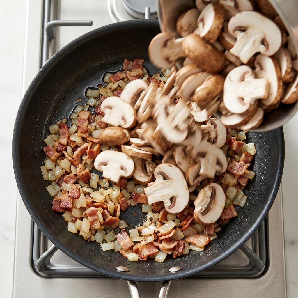 Sliced mushrooms being poured from a stainless steel pot into a hot skillet with sautéed bacon and diced onions.