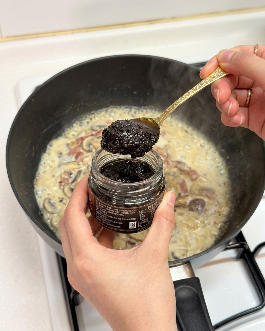 A hand holding a jar of black truffle paste while using a spoon to drop a large dollop of the paste into a pan of creamy sauce.