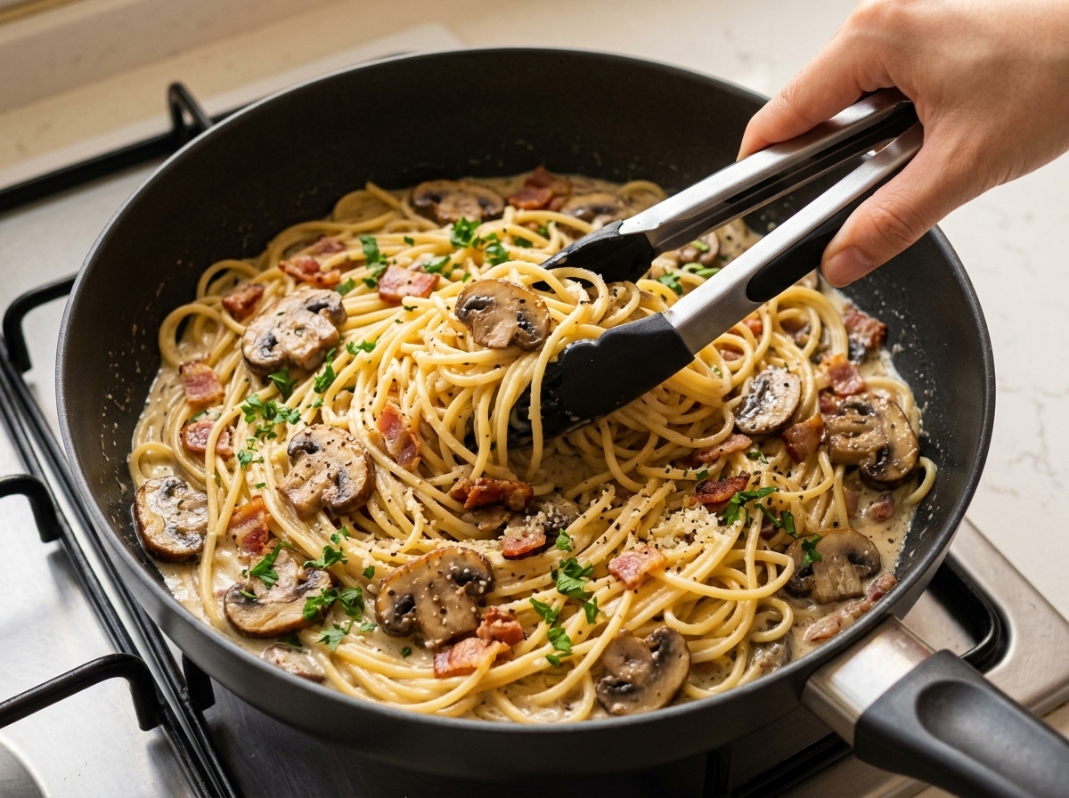 Tongs tossing cooked spaghetti together with sliced mushrooms, bacon bits, and chopped parsley in a creamy sauce inside a black skillet.