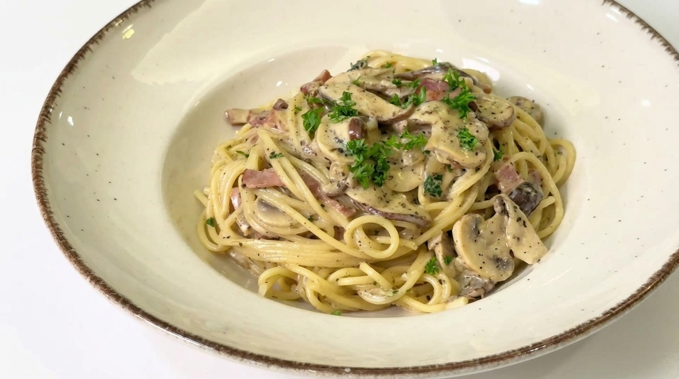Black Truffle Cream Mushroom & Bacon Pasta