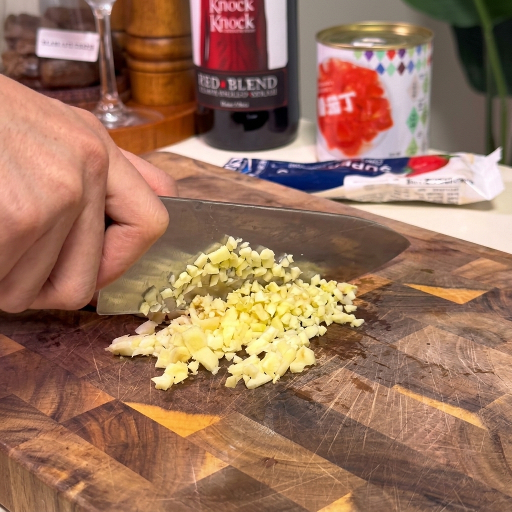 A close-up of a hand using a large chefs knife to finely chop fresh garlic cloves on a wooden cutting board.