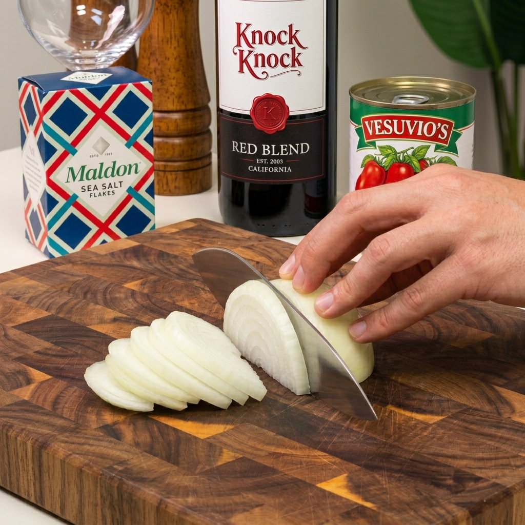 A hand holding a chefs knife slicing a white onion half on a wooden cutting board.