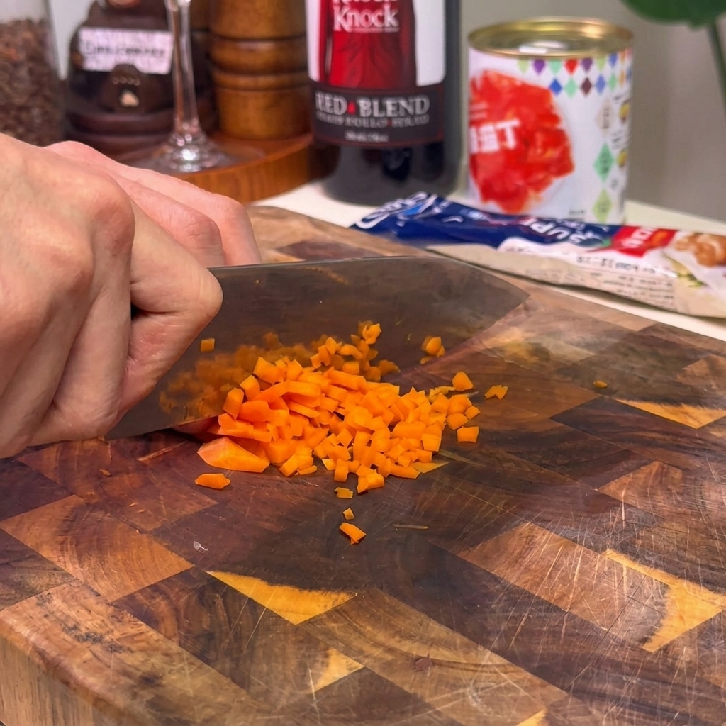 A hand using a knife to finely chop bright orange carrots on a wooden cutting board.