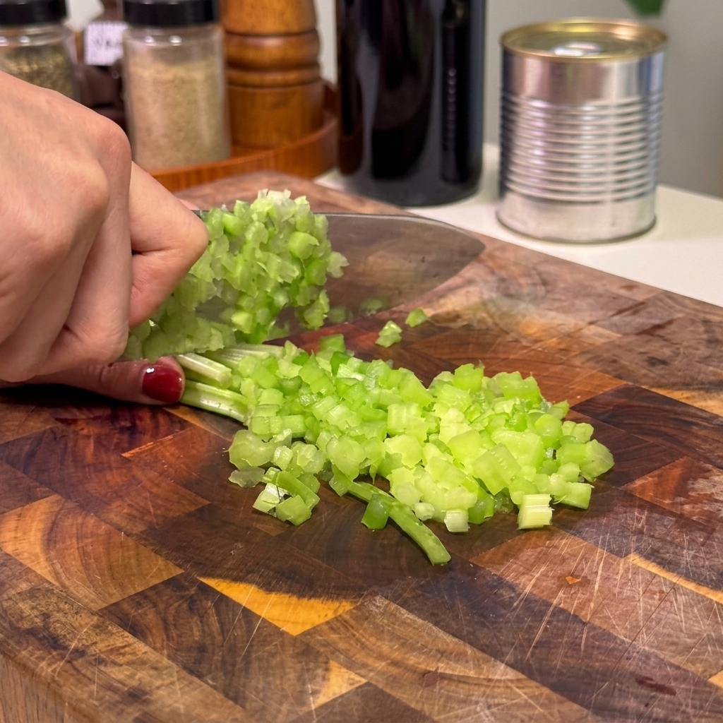 A hand chopping fresh green celery stalks into small uniform pieces on a cutting board.