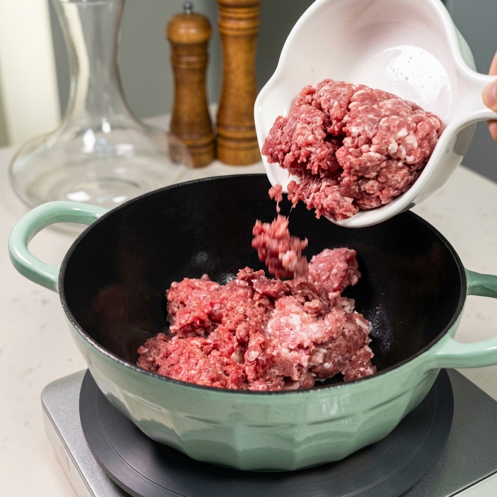 Raw ground beef and pork being poured from a white bowl into a pale green cooking pot.