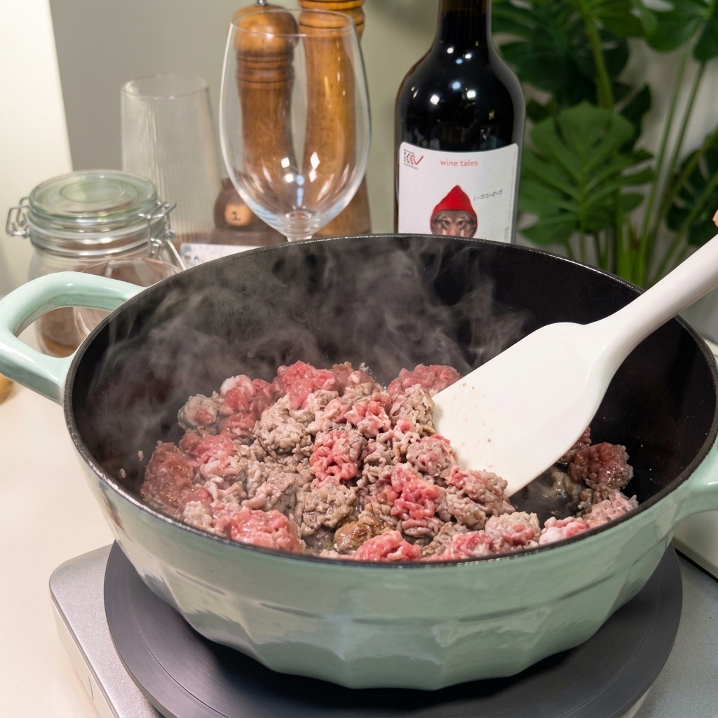 Ground meat being stirred with a white spatula in a pot, with visible steam rising as it browns.