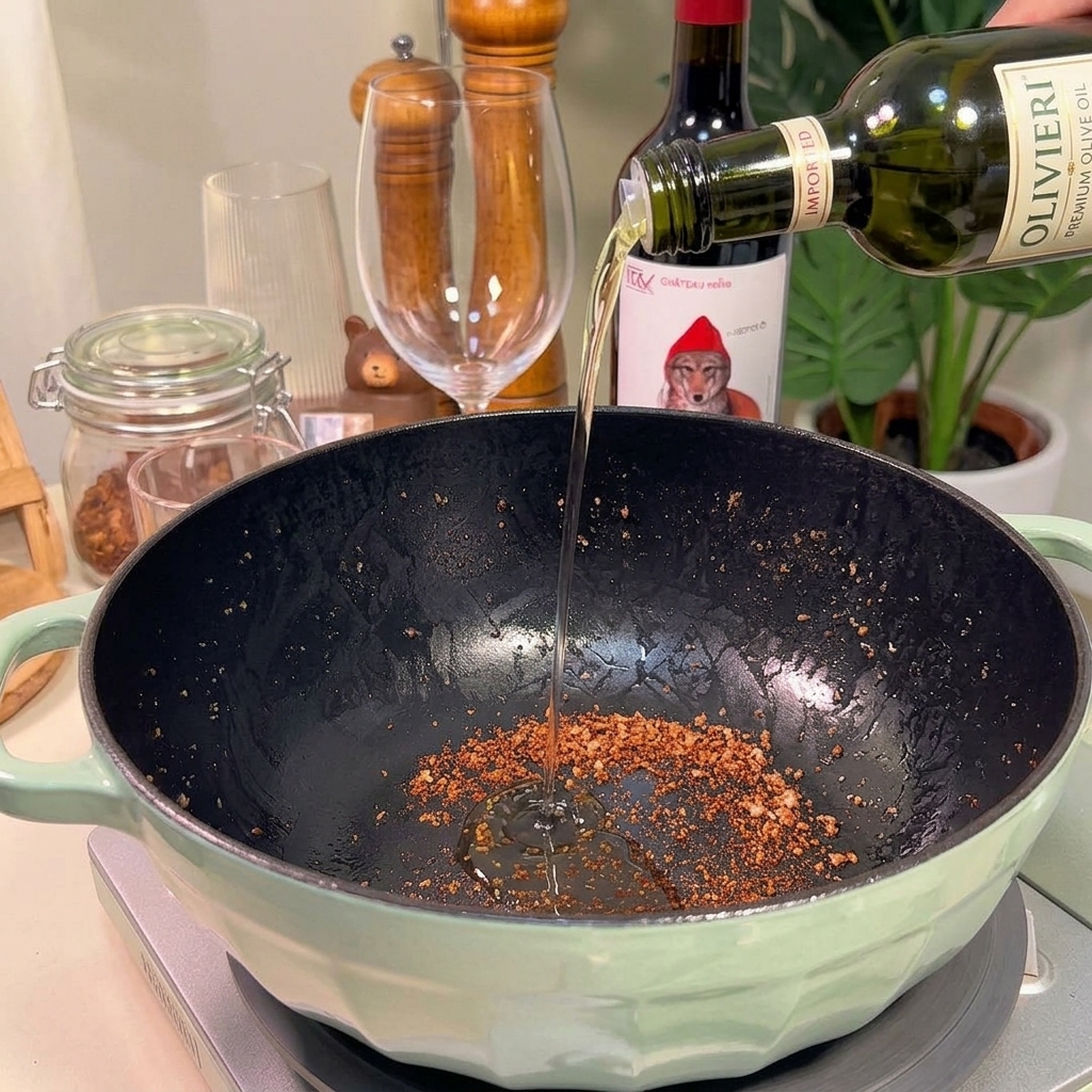 Pouring cooking oil from a glass bottle into a dark pan with leftover browned bits.