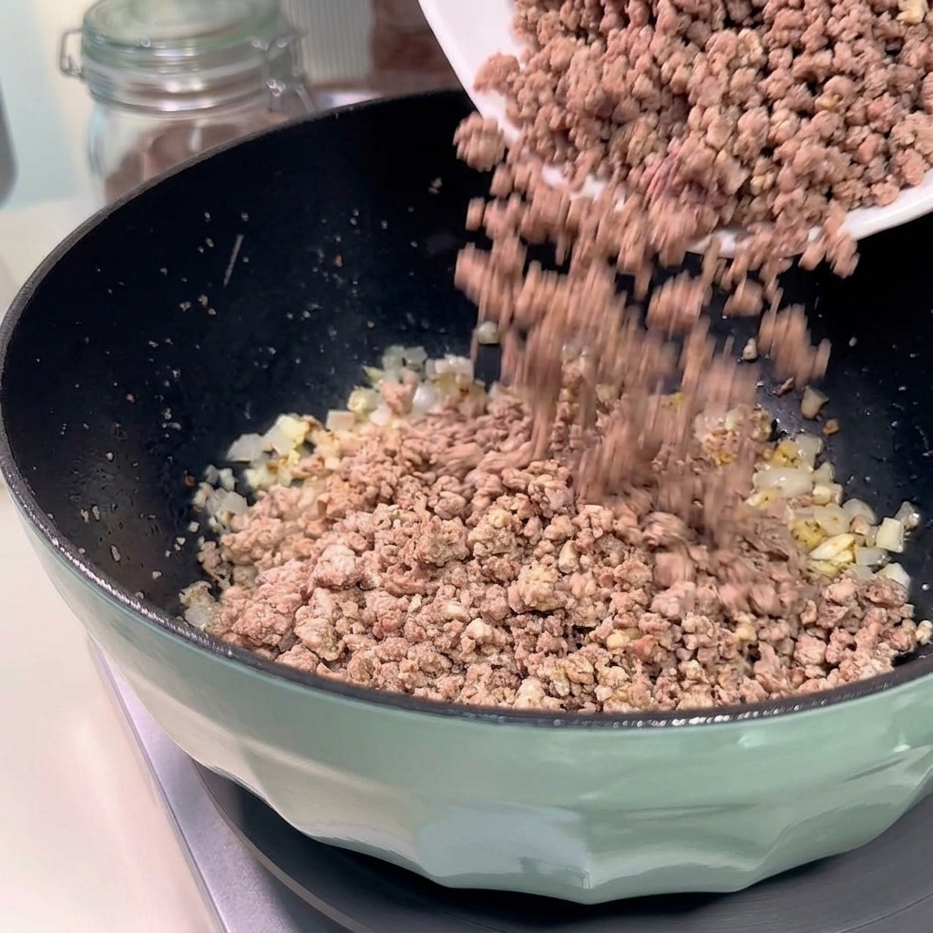 Pouring browned minced meat from a white plate back into the pan with sautéed onions and garlic.