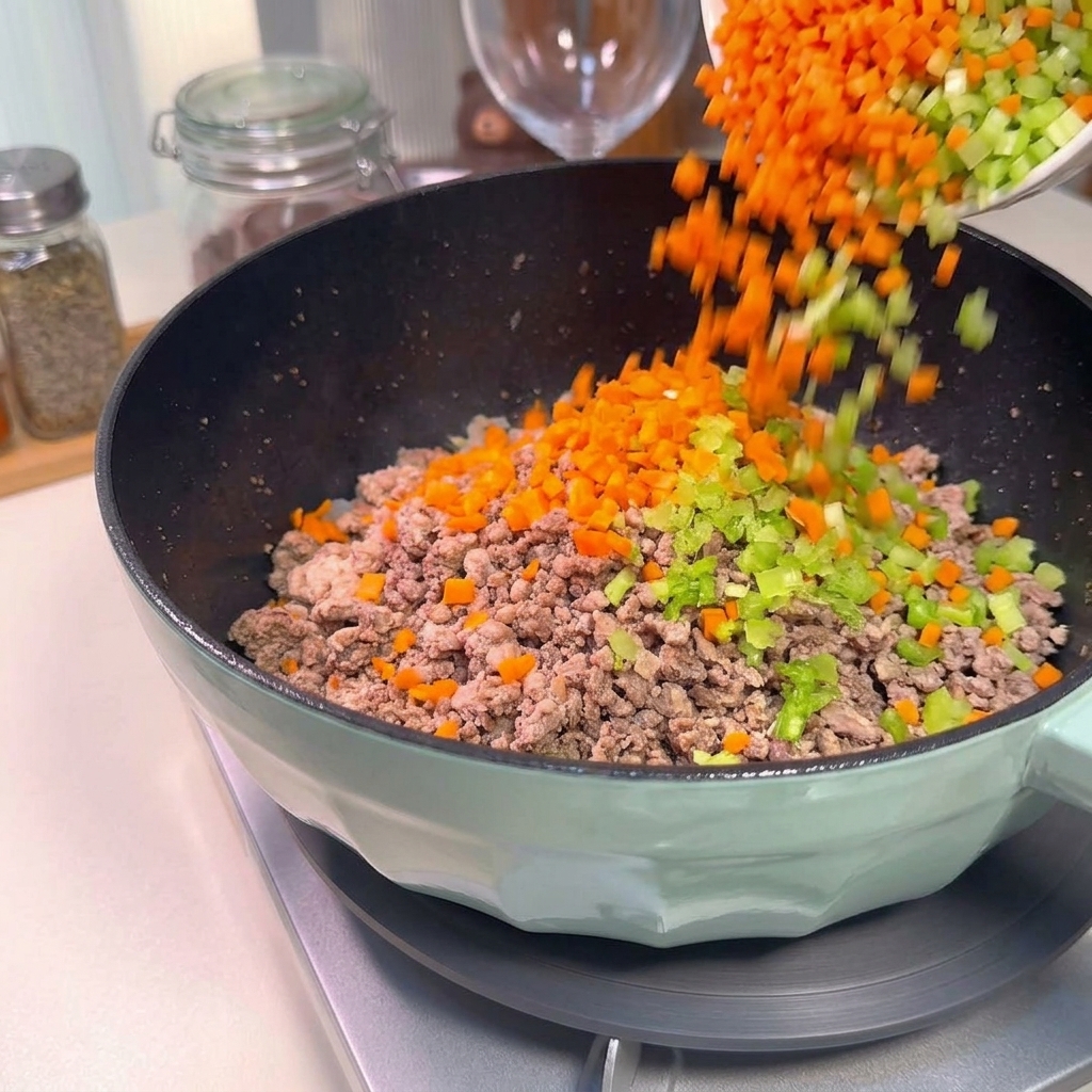 Diced orange carrots and green celery being poured from a bowl into the pan containing the meat mixture.