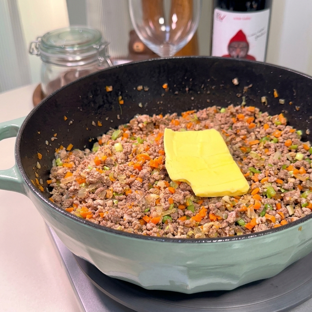 A square slice of yellow butter melting on top of the meat and vegetable mixture in a pan.