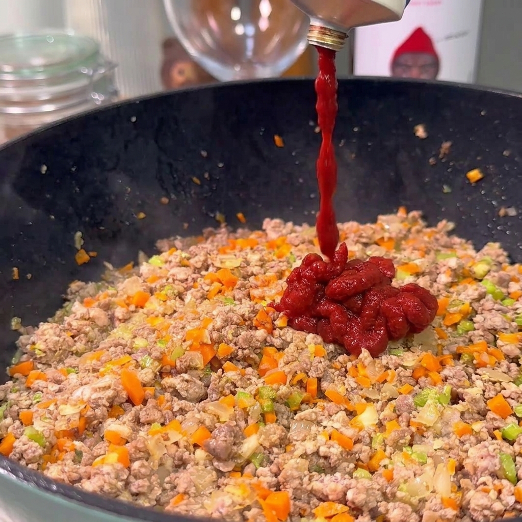 Thick, dark red tomato paste being squeezed from a tube directly into a hot pan filled with cooked ground meat and diced carrots, onions, and celery.
