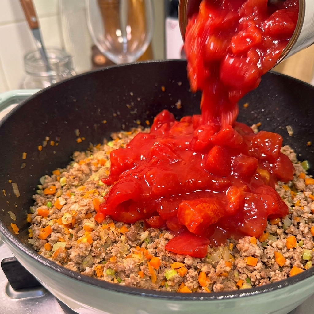 A large can pouring bright red diced tomatoes and their juices over a savory ground meat and vegetable mixture in a cooking pan.