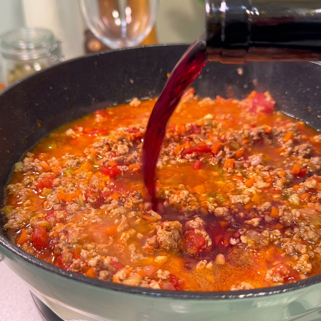 Dark red wine being poured from a green glass bottle into a simmering, vibrant red meat sauce.
