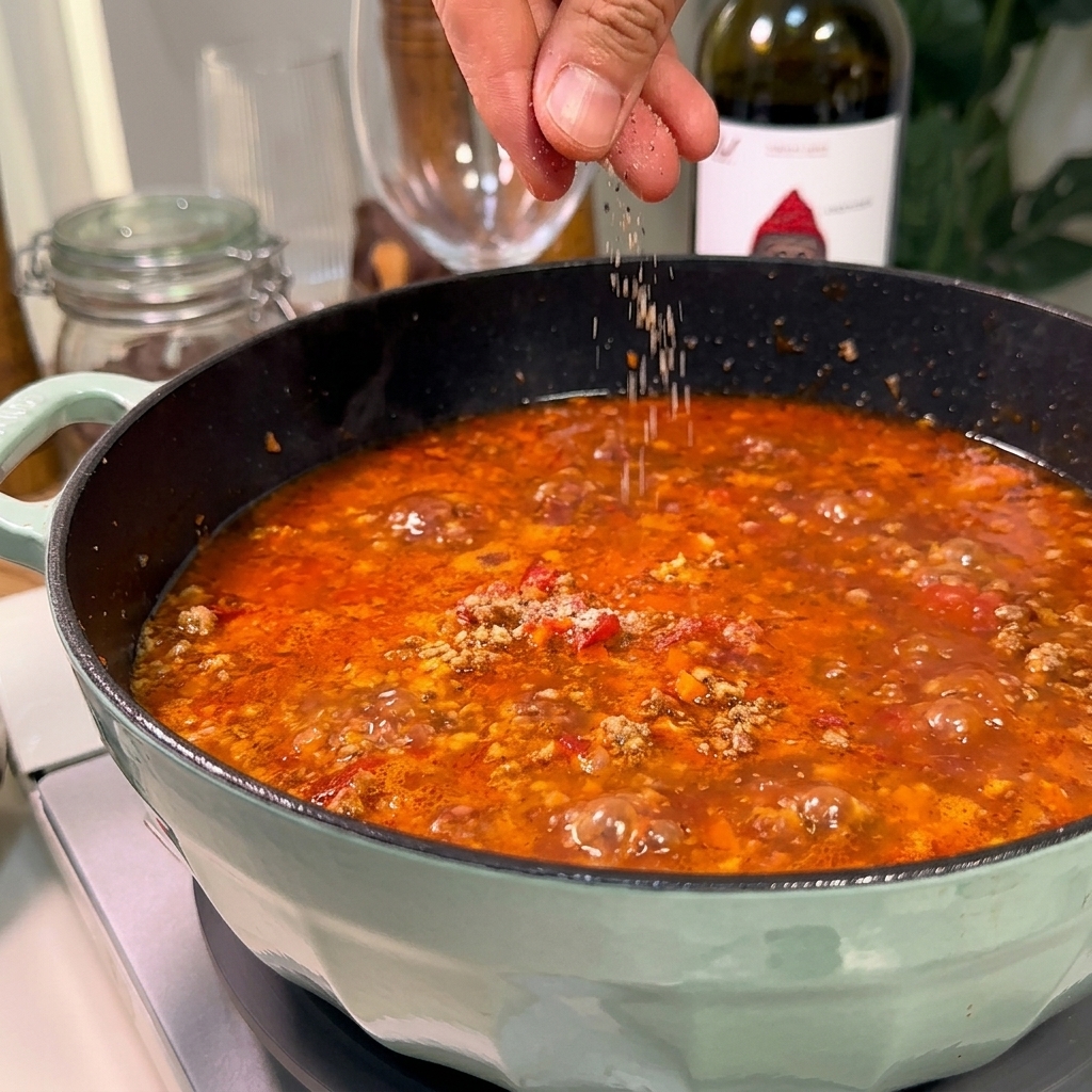 A hand sprinkling a pinch of salt and ground black pepper over a wide pan of rich, bubbling bolognese sauce.