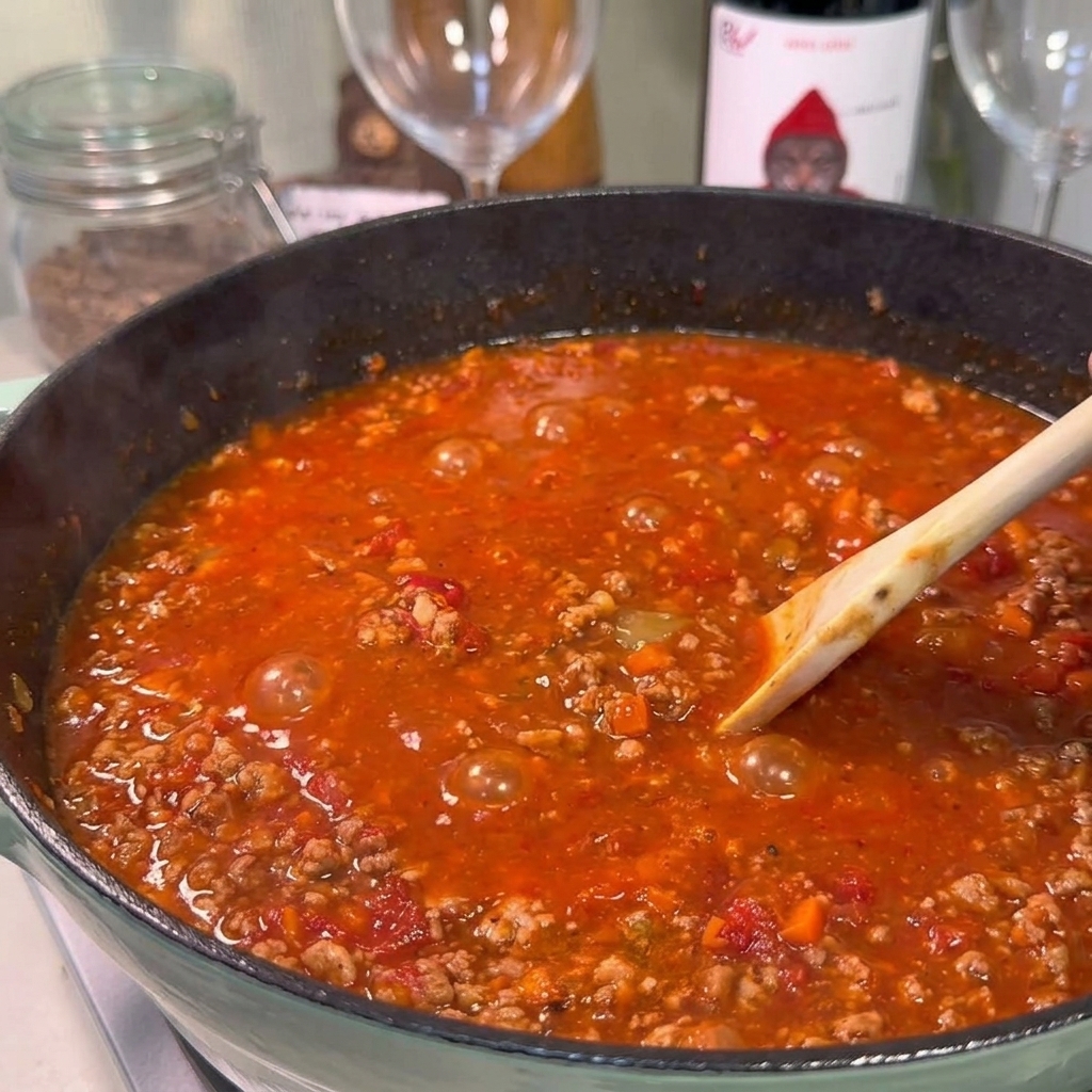 A wooden spoon stirring a thick, bubbling, dark red bolognese meat sauce simmering in a large cooking pot.