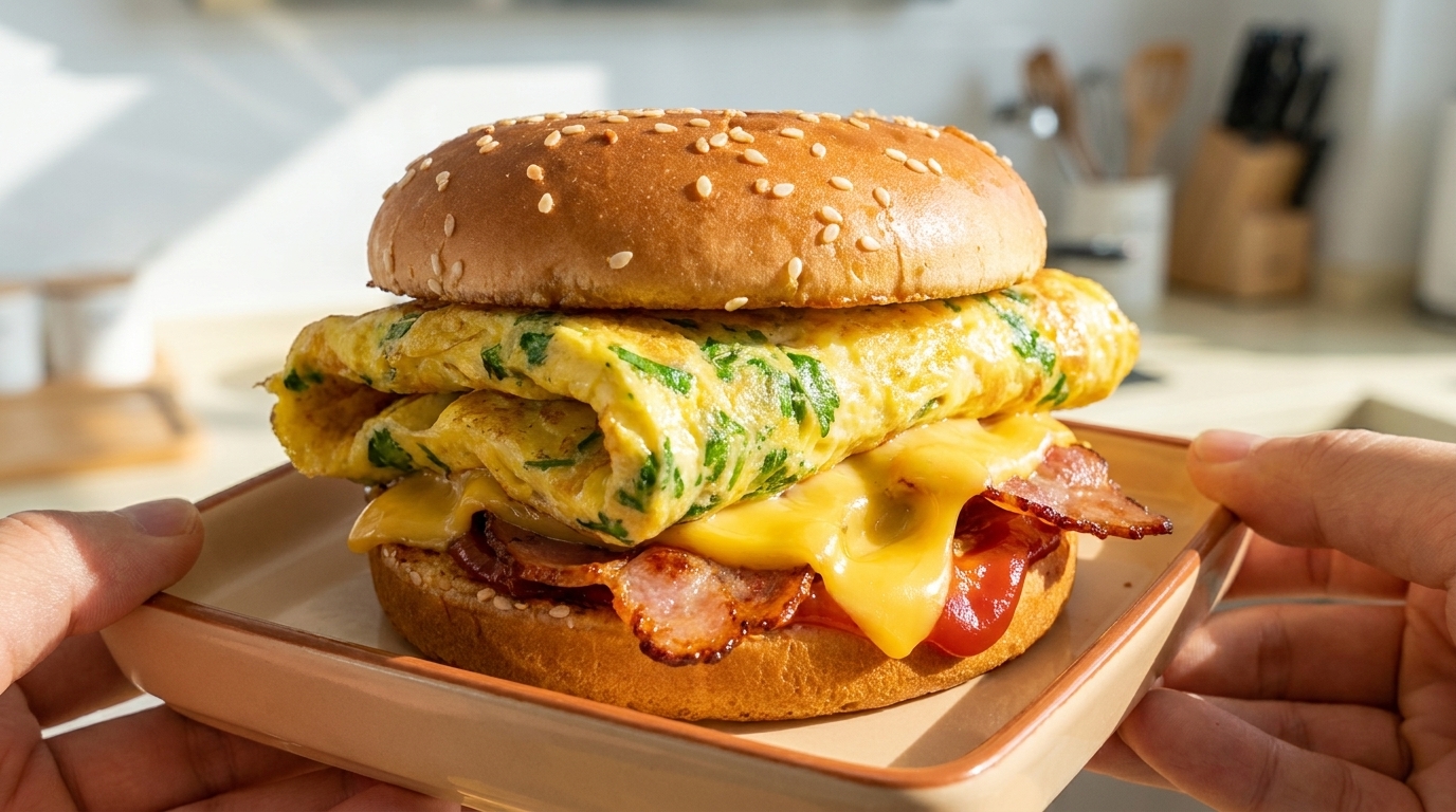 Healthy 10-Minute Breakfast Burger with Herb Omelet & Bacon