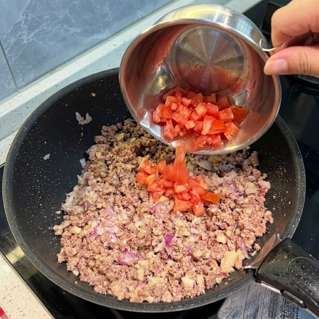 A metal bowl pouring freshly diced red tomatoes over a mixture of browned ground meat and minced onions in a black skillet.