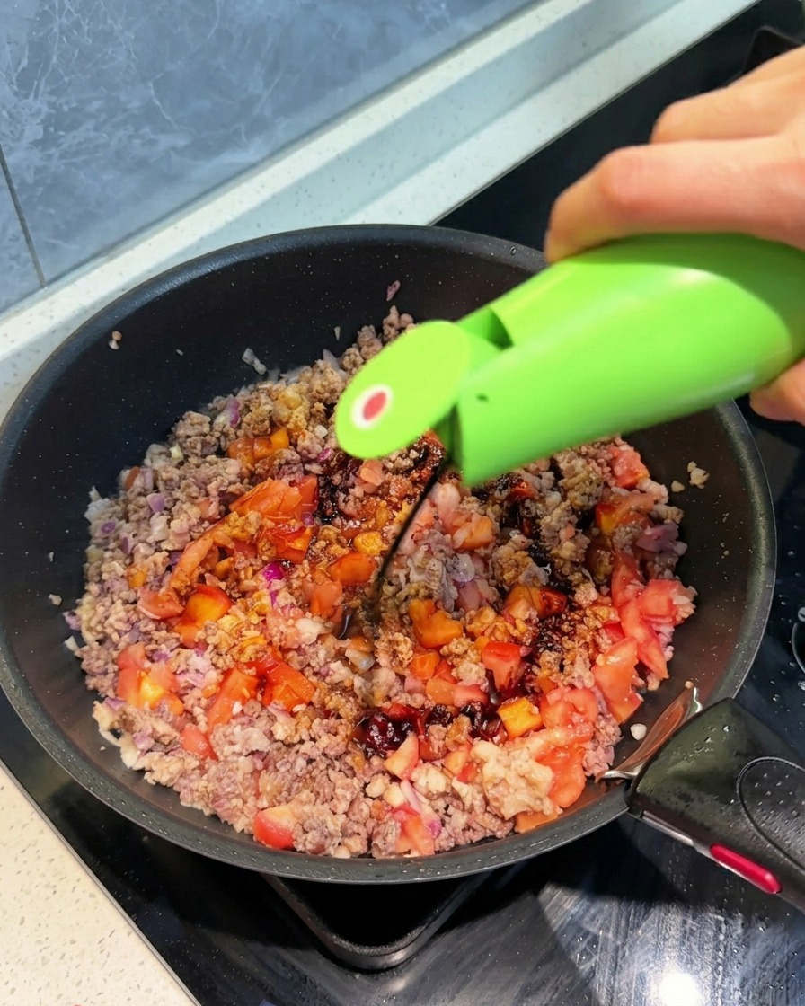 Dark soy sauce being poured from a bright green bottle onto minced meat, diced tomatoes, and onions in a black skillet.