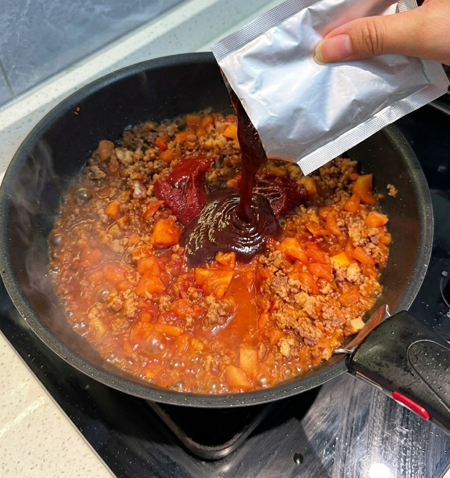 Squeezing a foil packet of dark red tomato soup base into a pan of simmering meat and diced tomatoes.