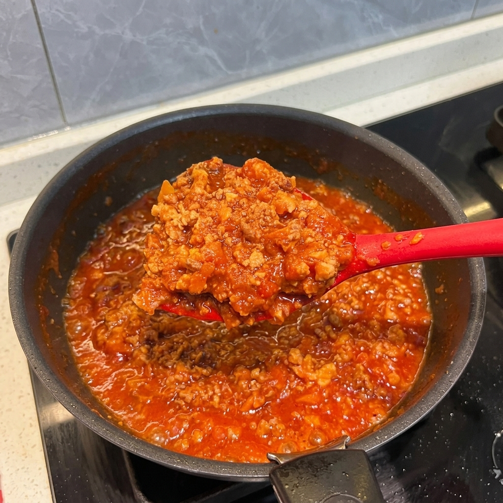 A red spatula lifting a generous scoop of thick, vibrant red tomato meat sauce from a simmering frying pan.