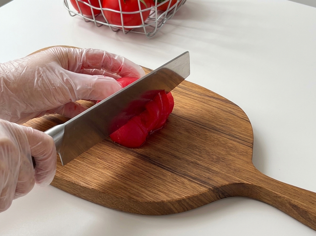 Gloved hands using a silver knife to dice a red tomato on a wooden cutting board.