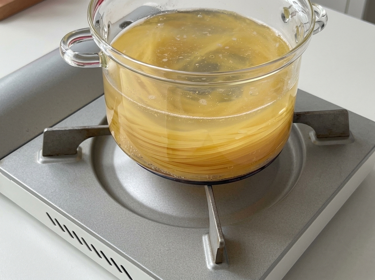 Spaghetti noodles boiling in a clear glass pot of bubbling water on a portable stove.
