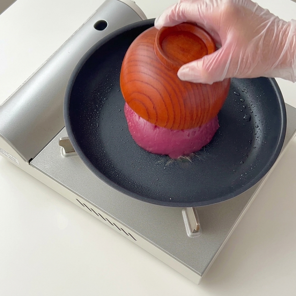 A gloved hand using a wooden bowl to place raw, bright pink minced beef into a hot black non-stick skillet.