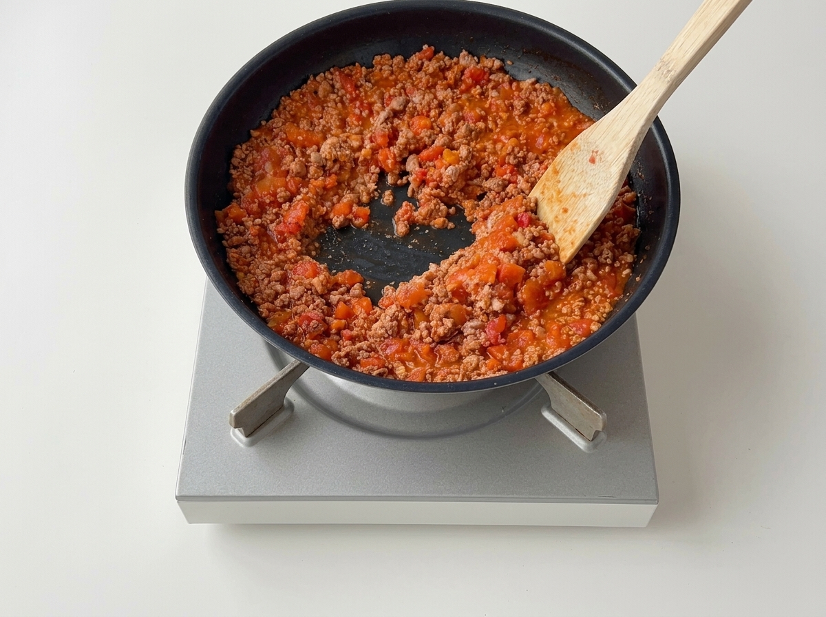 A wooden spatula stirring a mixture of minced beef and softened diced tomatoes in a pan.