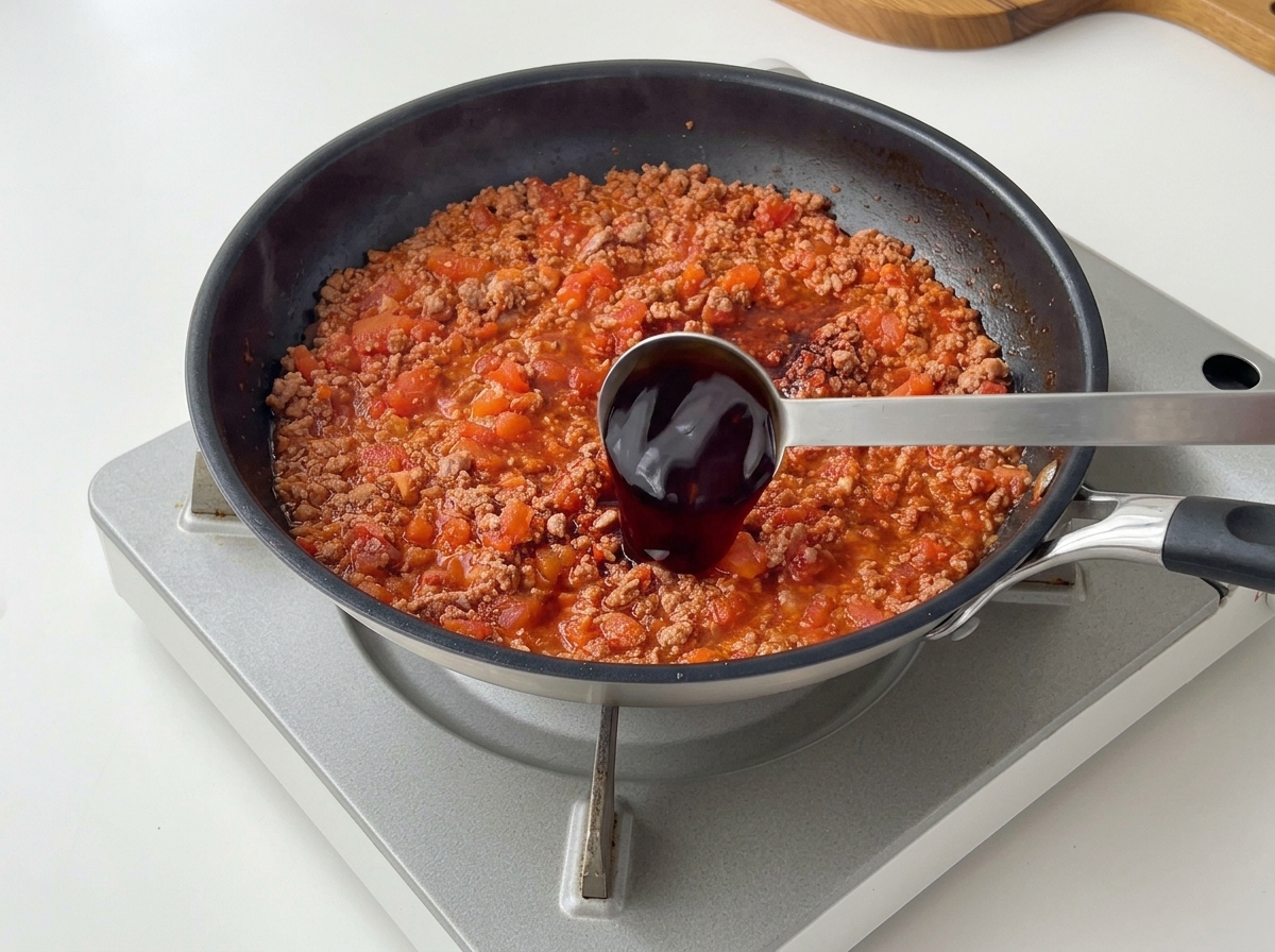 Dark soy sauce being poured from a metal measuring spoon into the simmering tomato and beef mixture.