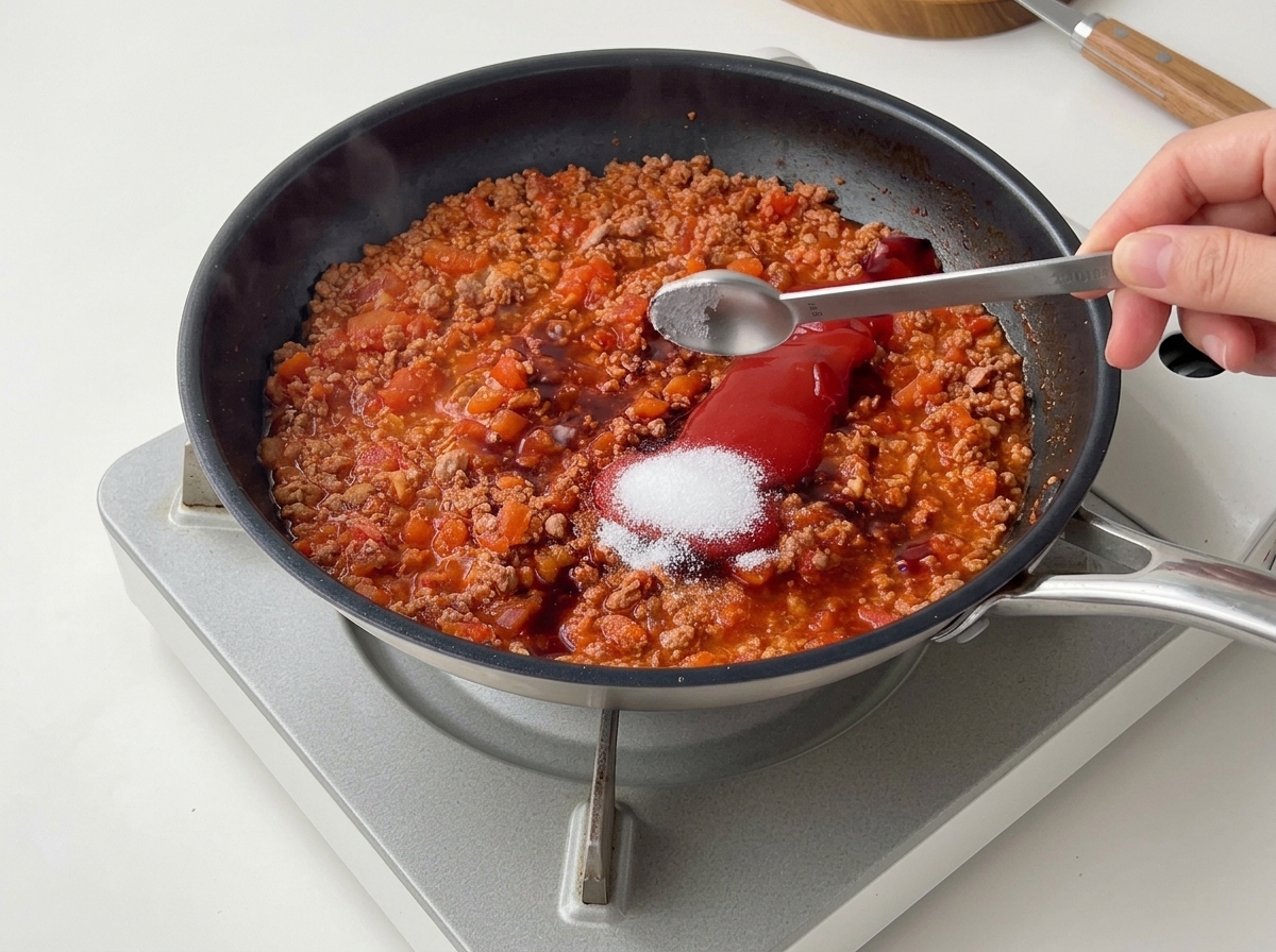 A hand holding a small spoon adding salt and sugar over unmixed ketchup and soy sauce in the pan.