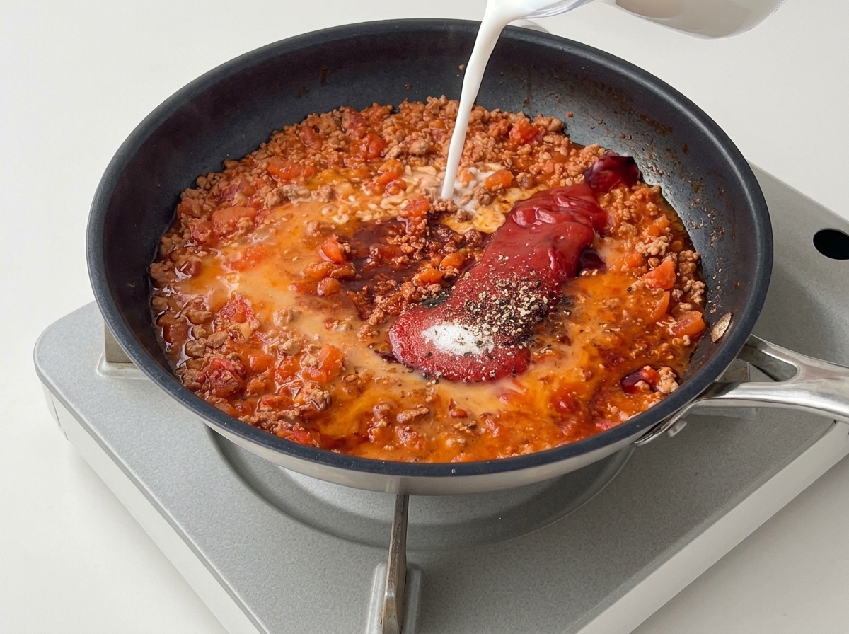 A milky white cornstarch slurry being poured from a small cup into a pan filled with beef, tomatoes, and various unmixed seasonings.