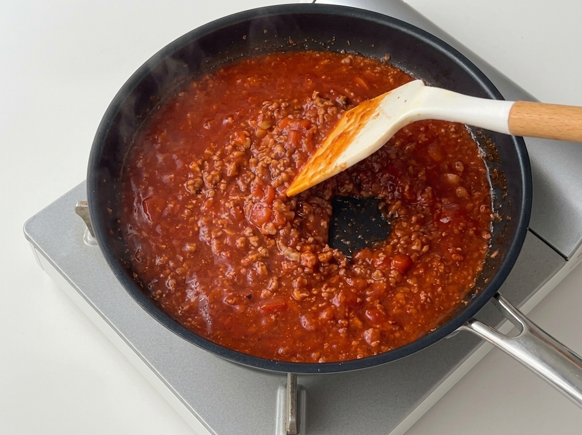 A white silicone spatula stirring a thick, rich, glossy red tomato and beef sauce simmering in a frying pan.