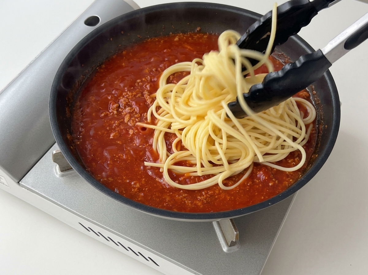 Black tongs dropping cooked spaghetti noodles into a pan filled with simmering tomato beef sauce.