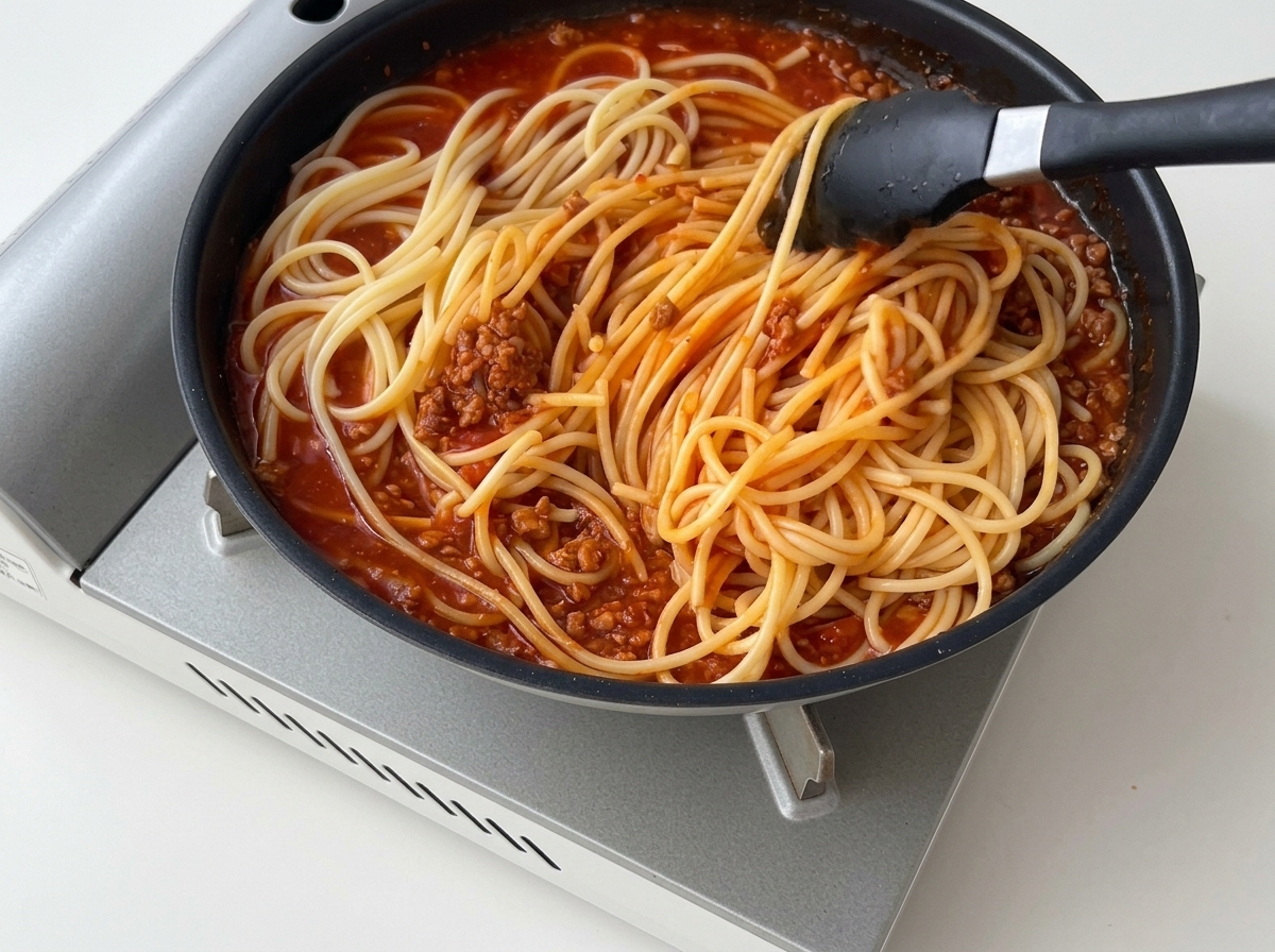 A black cooking utensil mixing cooked spaghetti into a thick, red beef and tomato sauce inside a skillet.