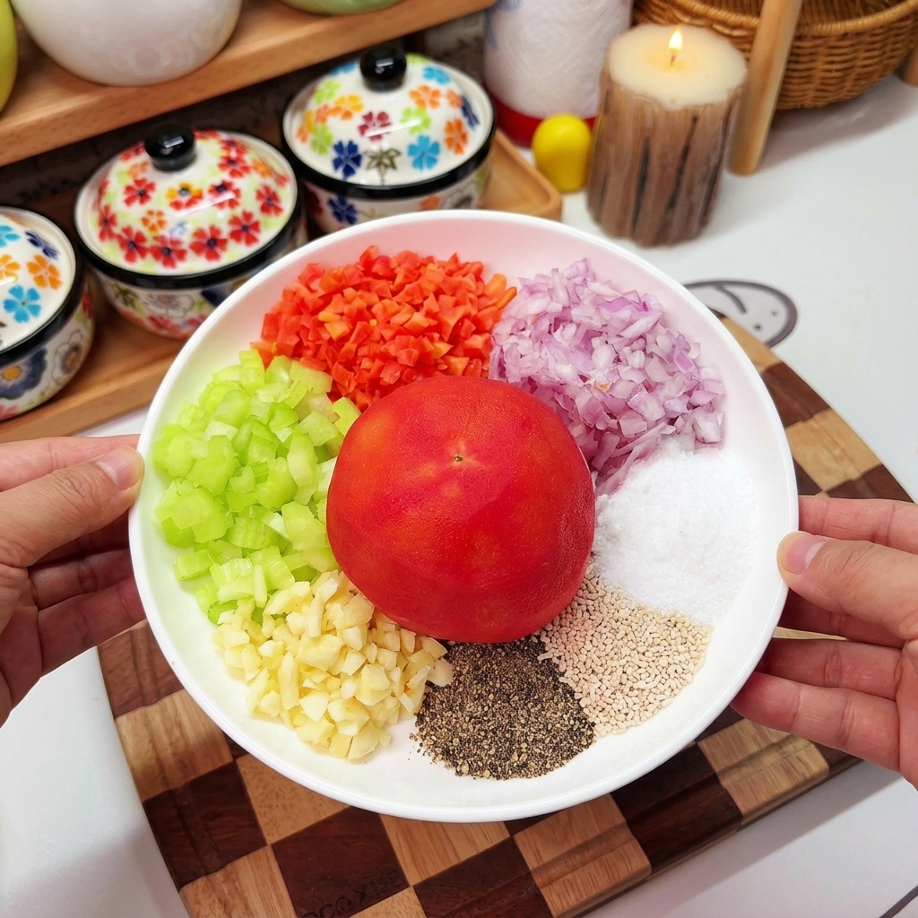 A whole peeled tomato on a plate surrounded by diced onions, carrots, celery, minced garlic, and various dry seasonings.