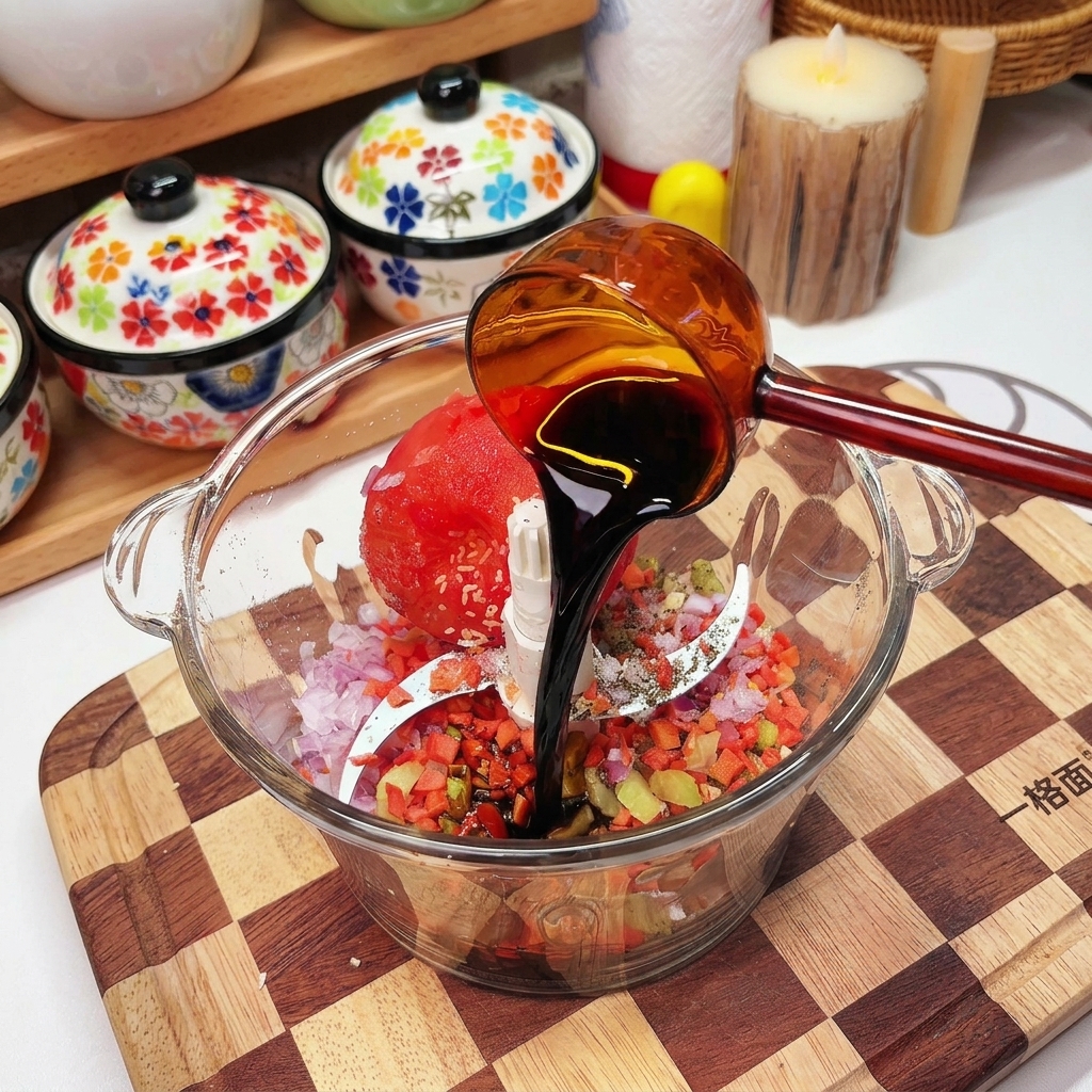 Dark soy sauce being poured from an amber measuring cup into a glass food processor containing a tomato, diced vegetables, and seasonings.