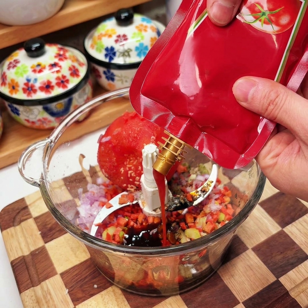 Red ketchup being squeezed from a pouch into a food processor over a tomato and chopped vegetables.
