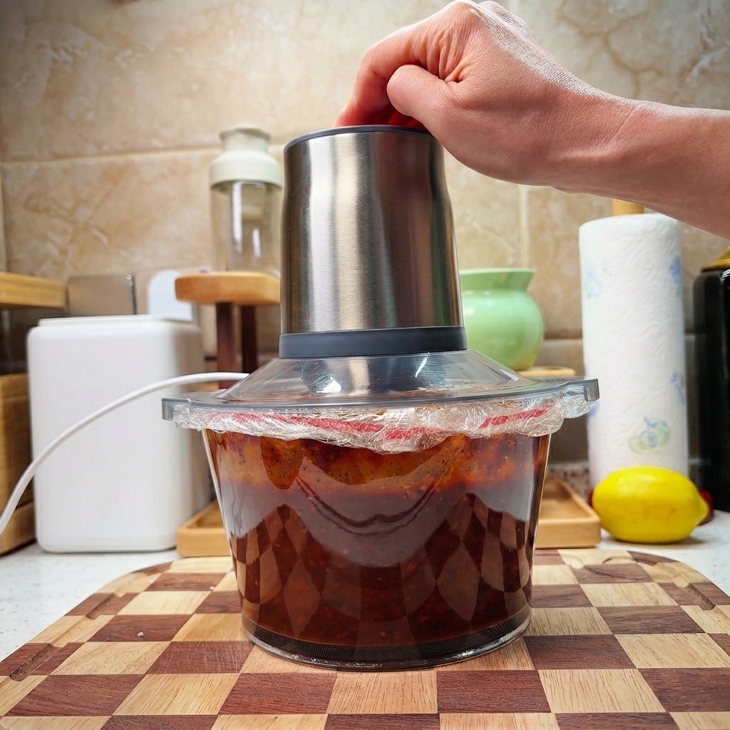 A food processor with plastic wrap under the lid blending tomato and vegetables into a dark red mixture.