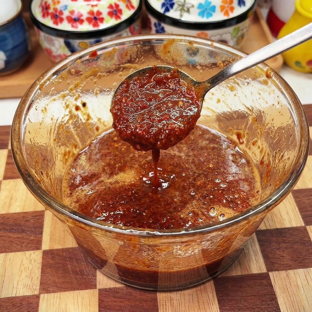A metal spoon lifting a portion of thick, dark red blended tomato and vegetable sauce out of a glass bowl.