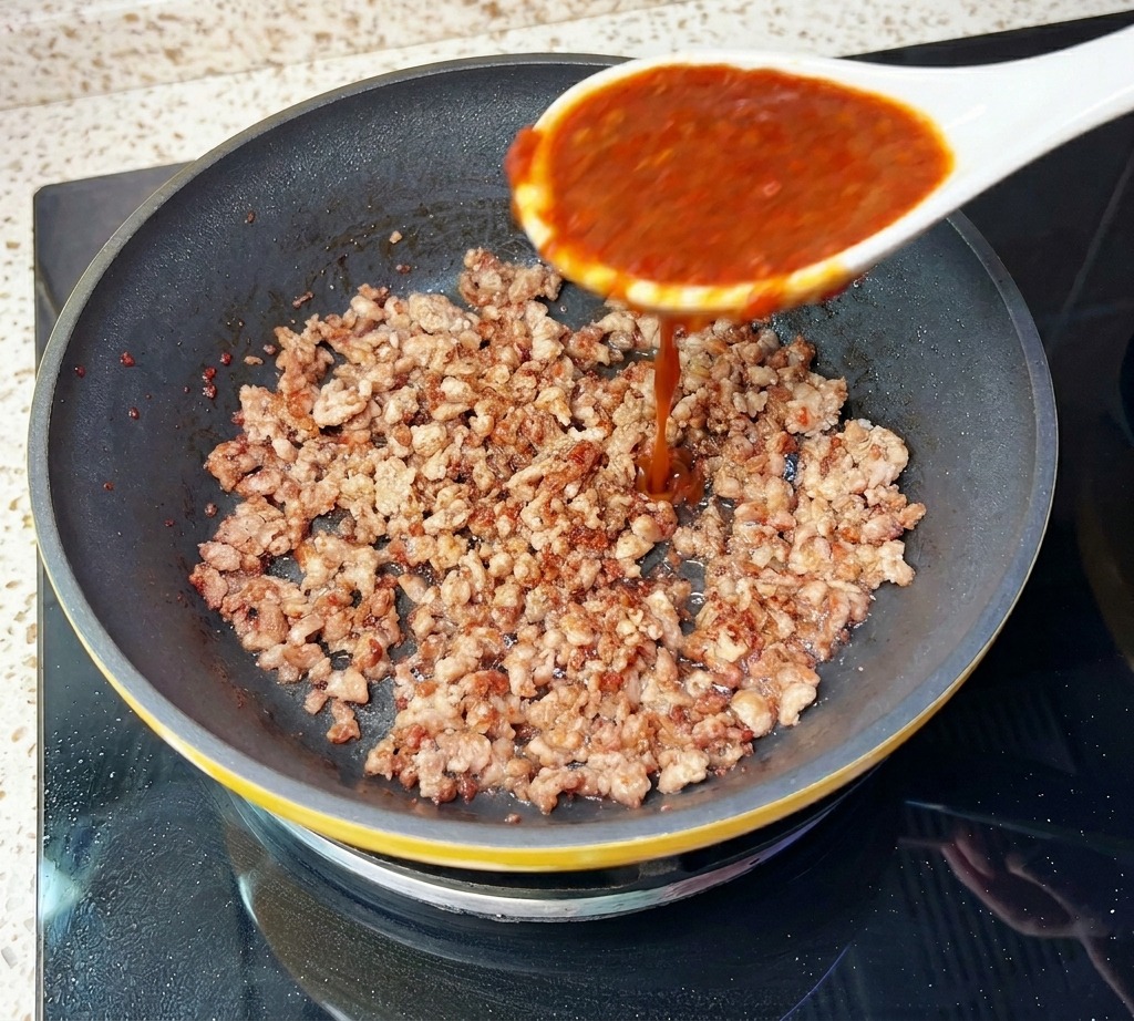 Dark red blended tomato sauce being poured from a white spoon onto browned minced beef in a skillet.