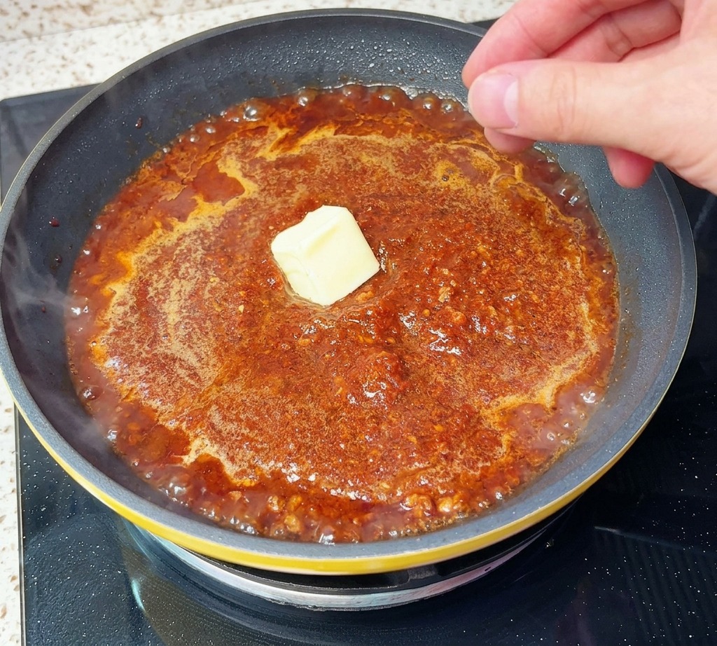 A hand dropping a square pat of yellow butter into a bubbling red meat sauce in a skillet.