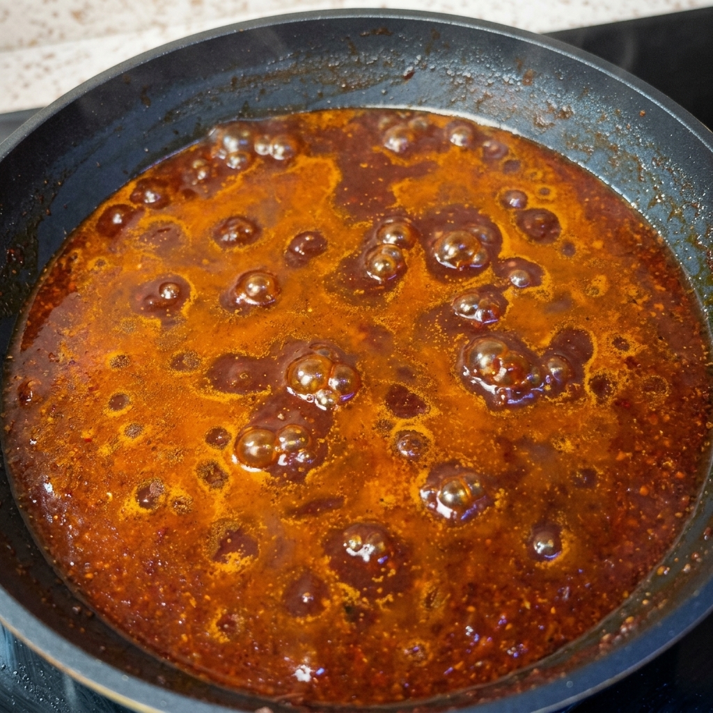 A close-up of thick, dark red meat sauce actively bubbling and simmering in a hot pan.