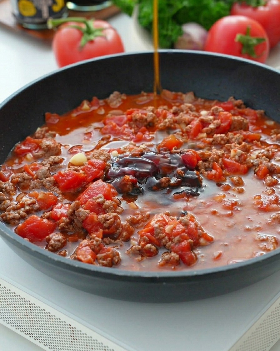A spoonful of white sugar being sprinkled over a pan of simmering tomato meat sauce.