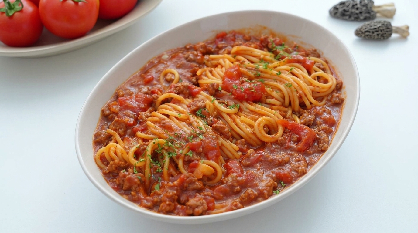 Rich Tomato & Minced Beef Pasta with Black Truffle