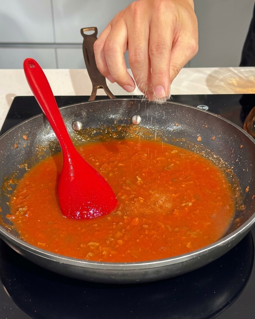 A hand sprinkling a pinch of coarse salt into a bubbling pan of red meat sauce.
