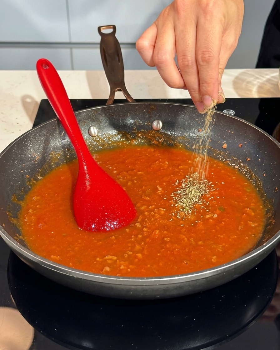 A hand sprinkling coarsely ground black pepper into a pan of simmering tomato meat sauce.