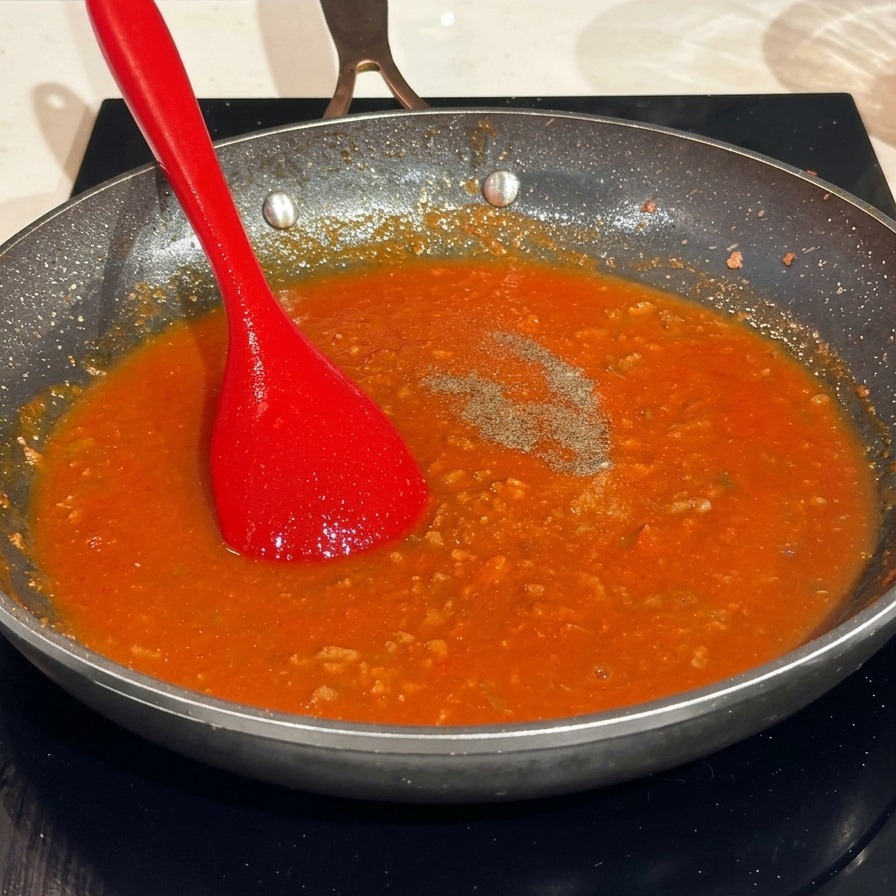 A bright red spatula resting in a pan of rich tomato meat sauce with ground black pepper and sugar sprinkled on top.